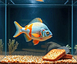 large goldfish in a fish tank with a piece of toast in it