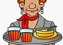 image of a middle-age waitress with red hair carrying a tray full of food