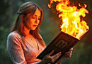a woman looking at a book that is aflame