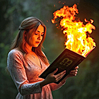 a woman looking at a document that is all on fire