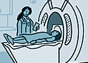 cartoon image of a woman going into an mri machine