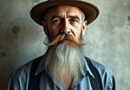 an oldish looking man wearing a hat, He has a long goatee and an elaborate mustache.