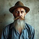 an oldish looking man wearing a hat, He has a long goatee and an elaborate mustache.