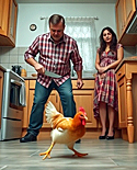 man chasing a chicken with a knife in his kitchen