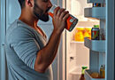 man drinking from a carton while standing at a refrigerator that's open
