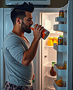 man drinking from a carton while standing at a refrigerator that's open