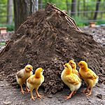 four chickens standing near a heaping pile of chicken merde