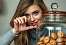 a pretty woman eying a cookie jar