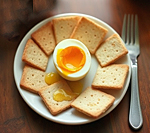 a plate with a sodt boiled egg in the middle surrounded by sluices of melba toast