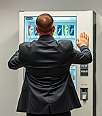 a man is a business suit shaking a vending machine in anger