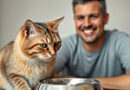 A cat staring sadly at an empty food bowl. There's man smiling next to the cat.