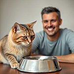 A cat staring sadly at an empty food bowl. There's man smiling next to the cat.