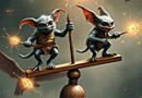 two gremlins sitting on top of a teeter totter