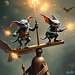 two gremlins sitting on top of a teeter totter