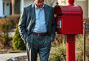 a middle-aged man in a suit with no tie standing by a red mailbix