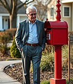 a middle-aged man in a suit with no tie standing by a red mailbix