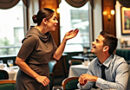 a woman standing at a table in a restaurant blowing a chef's kiss to a man seated at a table eating