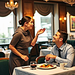 a woman standing at a table in a restaurant blowing a chef's kiss to a man seated at a table eating