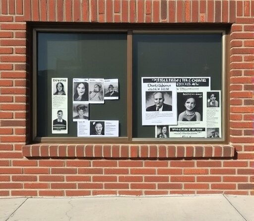 two windows with posters in them