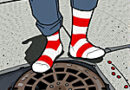 red and white socks with no shoes