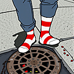 red and white socks with no shoes
