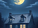a full moon hovering over a single house