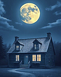 a full moon hovering over a single house
