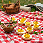 a picnic spread set out on a red-and-white checkered tablecloth