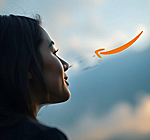 a woman's face in profile staring at the sky in which a Prime logo arrow is flying