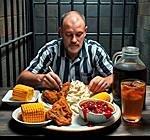 A prisoner in his cell eating his last meal.