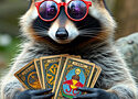 a raccoon wearing glasses and looking at tarot cards