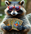 a raccoon wearing glasses and looking at tarot cards