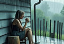 a young woman sitting on a porch drinking tea in the rain