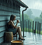 a young woman sitting on a porch drinking tea in the rain