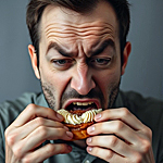 a man's face contorted because he just ate some poisoned pastry