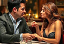 a couple at a romantic dinner staring at each other longingly