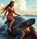 a sea witch riding on a giant turtle