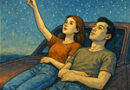 two people lying on the hood of a car gazing up at the stars