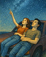 two people lying on the hood of a car gazing up at the stars