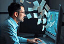 a man sitting at a computer that's got all these slips of paper flowing out of the screen