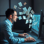 a man sitting at a computer that's got all these slips of paper flowing out of the screen