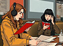 two telemarketers siting at a desk looking at their scripts
