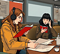 two telemarketers siting at a desk looking at their scripts