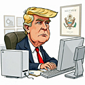 President Trump sitting at a desktop computer