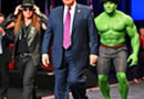 President Trump being escorted on stage by Kid Rock and the Hulk
