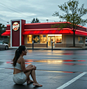 a young woman sitting barefooted in a Wendy's parking lot