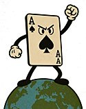 Solitaire card, the ace of spades, standing atop a globe.