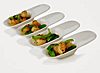 Five spoons each holding a piece of food with garnish.