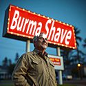 middle-aged man standing in fron of a sign that says Burma Shave