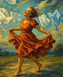 A woman in a red dress with a full skirt dancing outdoors, illustrating the article Calypso..